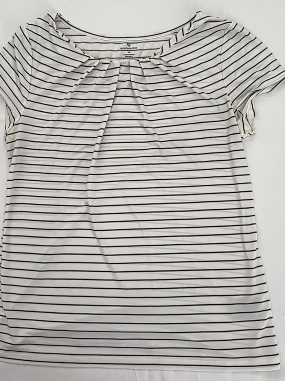 Worthington White Striped Short-Sleeve Pleat-Neck Top
